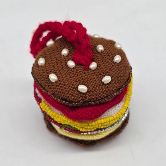 Crochet Knitted Beaded Hamburger Ornament Colorful Layers & Pearl Accents - Picture 2 of 6